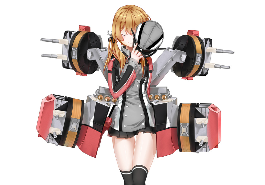 absurdres anchor_hair_ornament bad_id bad_pixiv_id blonde_hair closed_eyes gloves hair_ornament hair_ribbon hat hat_removed headwear_removed highres holding holding_hat huangxing iron_cross kantai_collection long_hair low_twintails machinery military military_uniform miniskirt peaked_cap pleated_skirt prinz_eugen_(kantai_collection) ribbon skirt smile solo thigh_gap thighhighs twintails uniform white_background white_gloves zettai_ryouiki