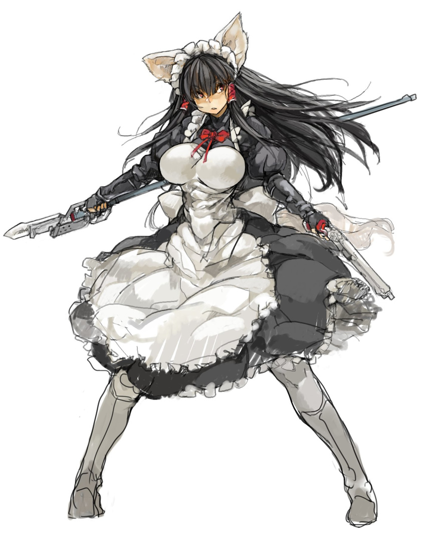 animal_ears apron armor armored_boots bangs black_dress black_gloves boots borrowed_character bow breasts cat_ears character_request dress dual_wielding eyebrows eyebrows_visible_through_hair eyes_visible_through_hair fingerless_gloves frilled_apron frilled_dress frills full_body gloves gun handgun highres holding holding_gun holding_weapon juliet_sleeves large_breasts long_hair long_sleeves maid maid_apron maid_headdress original pantyhose pink_eyes pistol puffy_sleeves red_bow sachito simple_background solo standing very_long_hair weapon white_apron white_background