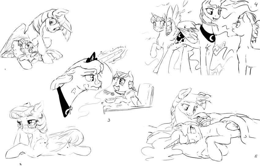 bat_pony bed blush duo equine female freckles friendship_is_magic group horn lying mammal monochrome multiple_images my_little_pony one_eye_closed princess_luna_(mlp) silfoe sketch solo twilight_sparkle_(mlp) winged_unicorn wings wink