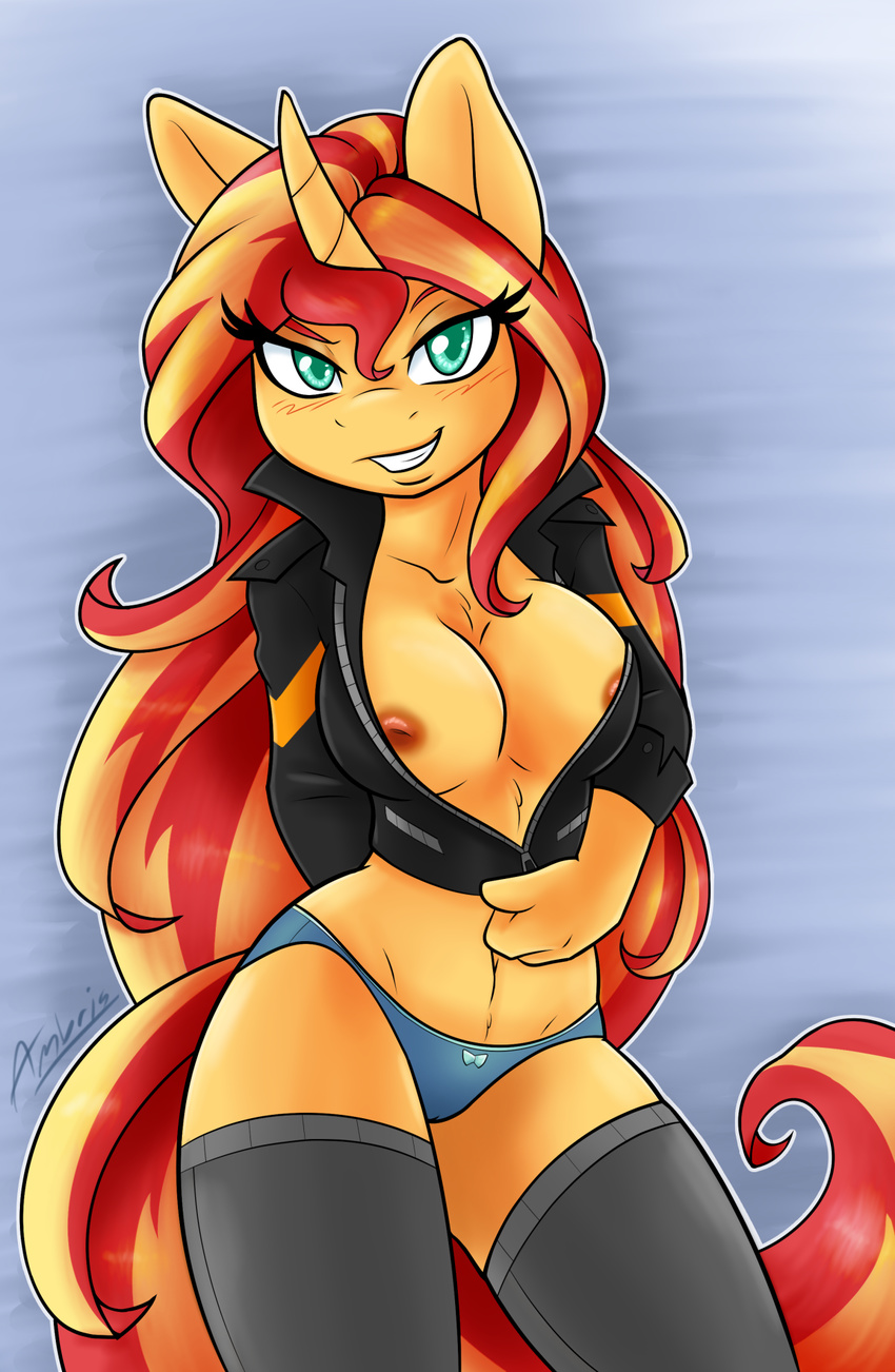 2016 ambris anthro anthrofied areola big_breasts blush breasts clothed clothing equestria_girls equine female hair hi_res horn legwear long_hair looking_at_viewer mammal multicolored_hair my_little_pony panties solo sunset_shimmer_(eg) two_tone_hair underwear unicorn