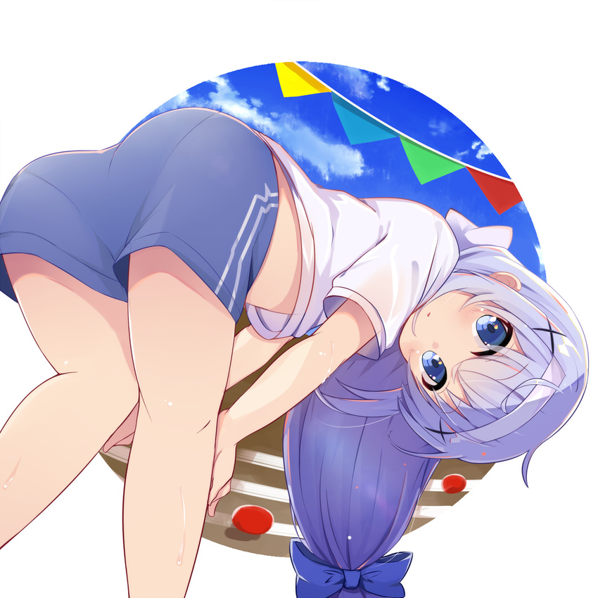 ass bad_anatomy ball_toss bent_over blue_eyes blue_hair cloud from_behind gochuumon_wa_usagi_desu_ka? gym_shorts gym_uniform hair_ornament hands_on_own_knees headband highres kafuu_chino koga_rejini long_hair looking_back low_ponytail midriff outdoors pantylines ponytail ribbon shirt short_shorts shorts sky solo sports_festival string_of_flags x_hair_ornament