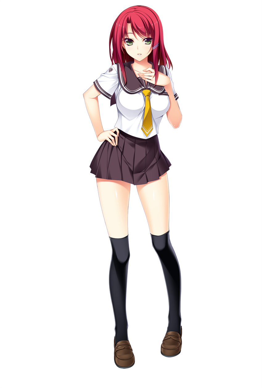 1girl black_legwear full_body green_eyes hair_ornament hairclip hand_on_hip hand_on_own_chest highres hoshi_ori_yume_mirai koizumi_amane looking_at_viewer pleated_skirt red_hair school_uniform serafuku shoes simple_background skirt smile solo standing thighhighs transparent_background yukimura_touko zettai_ryouiki