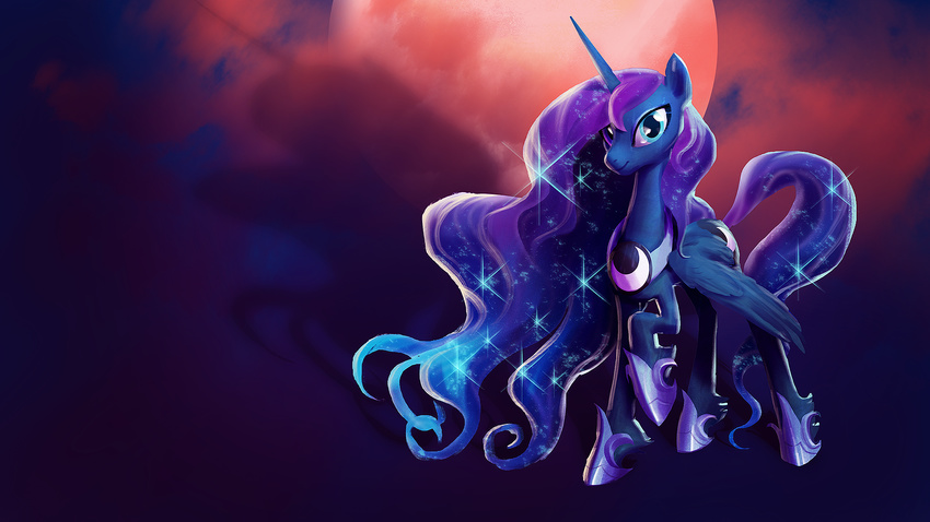 armor blue_eyes blue_feathers blue_fur blue_hair equine feathered_wings feathers female feral flowing_hair friendship_is_magic fur hair horn long_hair looking_at_viewer makkon mammal moon my_little_pony princess_luna_(mlp) solo standing winged_unicorn wings