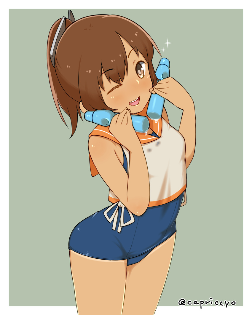 bottle brown_eyes brown_hair capriccyo highres i-401_(kantai_collection) kantai_collection looking_at_viewer one-piece_swimsuit one-piece_tan one_eye_closed open_mouth ponytail ramune sailor_collar school_swimsuit short_ponytail solo swimsuit swimsuit_under_clothes tan tanline