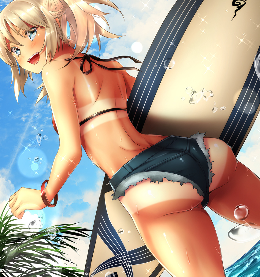 ass bikini bikini_tan bikini_top blonde_hair blush braid denim denim_shorts dutch_angle fate/apocrypha fate/grand_order fate_(series) french_braid green_eyes highres long_hair mia_(gute-nacht-07) mordred_(fate)_(all) mordred_(swimsuit_rider)_(fate) ponytail red_bikini short_shorts shorts solo surfboard swimsuit tan tanline water