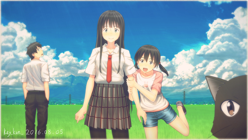 2girls :d absurdres animal animal_print artist_name back bangs belt black_cat black_eyes black_hair black_legwear blue_eyes blue_sky blush breasts brother_and_sister brown_eyes bunny_print cat chito_(flying_witch) cloud cloudy_sky collarbone commentary_request cousins dated day flying_witch grass green_eyes hair_bobbles hair_ornament hands_in_pockets highres key_kun kowata_makoto kuramoto_chinatsu kuramoto_kei landscape leg_up long_hair looking_at_viewer looking_back md5_mismatch medium_breasts mountain multiple_girls nature necktie open_mouth outdoors pants pantyhose peeking_out red_neckwear scenery school_uniform shirt shoes short_hair short_sleeves siblings skirt sky smile sneakers twintails white_shirt