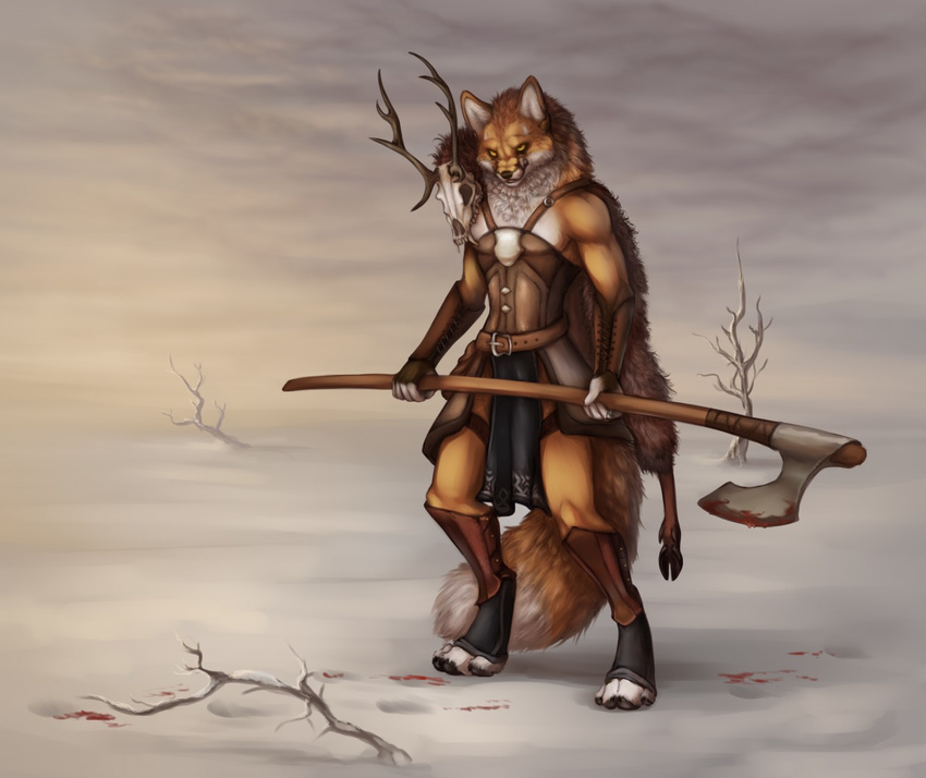 4_toes 5_fingers akineza antlers armor axe blood brown_fur canine day digitigrade fox fur hooves horn male mammal melee_weapon outside skull solo standing toes weapon white_fur