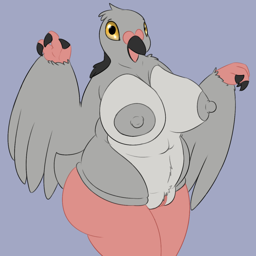 anthro areola avian beak big_breasts bird black_eyes breasts butt claws erect_nipples feathered_wings feathers female fur grey_fur head_tuft looking_at_viewer navel nintendo nipples nude open_mouth overweight pidove pigeon pok&eacute;mon posexe presenting pussy simple_background slightly_chubby solo standing thick_thighs tuft video_games wide_hips wings yellow_eyes