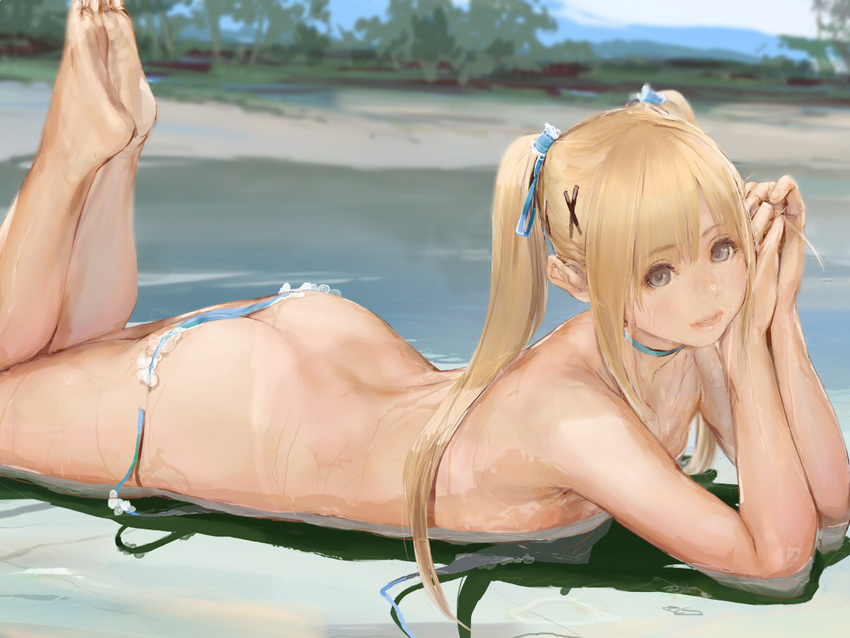 ass bad_id bad_pixiv_id barefoot beach bikini_bottom blonde_hair blue_eyes choker day dead_or_alive earrings feet hair_ornament jewelry lying marie_rose mumaya on_stomach outdoors partially_submerged soles solo tan tanline the_pose topless twintails water