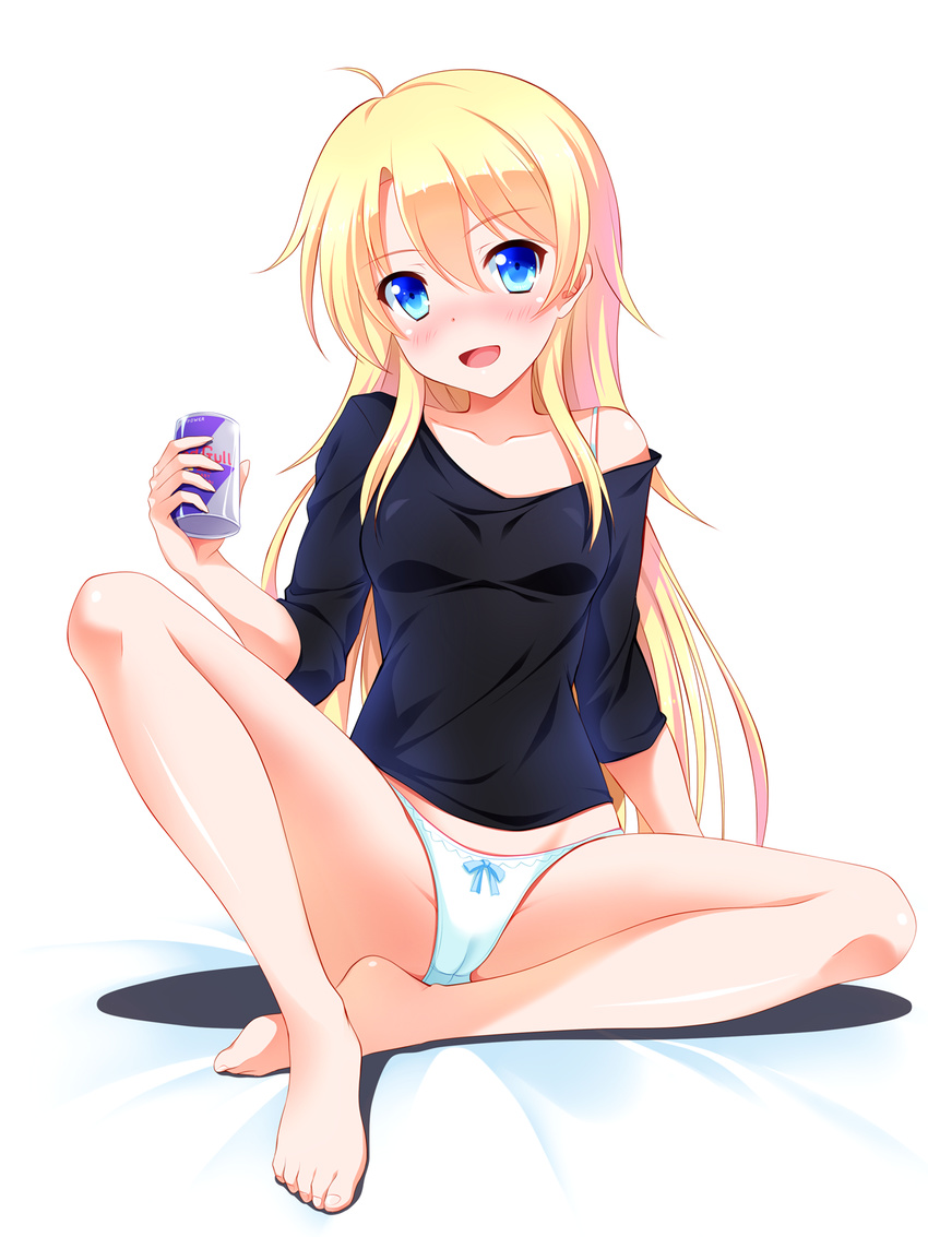 :d ahoge aqua_panties bare_legs barefoot bashen_chenyue black_shirt blonde_hair blush bow bow_panties can full_body groin head_tilt highres holding holding_can long_hair new_game! nose_blush off_shoulder open_mouth panties shirt sitting smile solo spread_legs thighhighs underwear yagami_kou