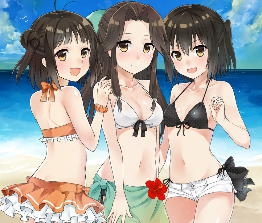 :d antenna_hair bare_arms bare_shoulders beach bikini bird black_hair blush breasts brown_eyes brown_hair cleavage cloud day double_bun eyebrows eyebrows_visible_through_hair flower frilled_bikini frilled_skirt frills front-tie_bikini front-tie_top girl_sandwich hair_intakes half_updo jintsuu_(kantai_collection) kantai_collection long_hair looking_at_viewer looking_back medium_breasts multiple_girls naka_(kantai_collection) navel ocean open_mouth outdoors sandwiched sarong scrunchie seagull sendai_(kantai_collection) short_hair short_shorts shorts side-tie_bikini sidelocks skirt sky small_breasts smile swimsuit two_side_up wrist_scrunchie yuzuttan
