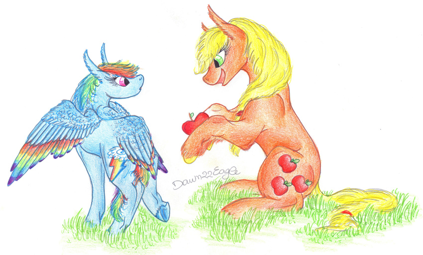 absurd_res apple applejack_(mlp) blonde_hair blue_feathers blue_fur cutie_mark dawn22eagle duo equine eye_contact eyelashes feathered_wings feathers food friendship_is_magic fruit fur grass green_eyes hair hi_res hooves mammal multicolored_feathers multicolored_hair my_little_pony orange_fur pegasus pink_eyes rainbow_dash_(mlp) rainbow_feathers rainbow_hair simple_background sitting standing traditional_media_(artwork) white_background wings