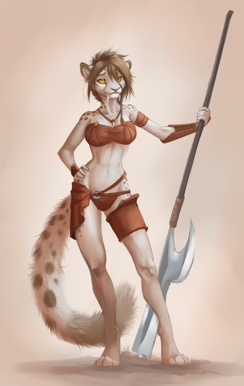 2015 4_toes 5_fingers akineza anthro armor bracers breasts brown_hair clothed clothing dirt fangs feline female fluffy fluffy_tail hair hi_res jewelry mammal melee_weapon necklace polearm saber-toothed_cat sabertooth_(feature) simple_background solo standing teeth toes weapon wide_hips yellow_eyes