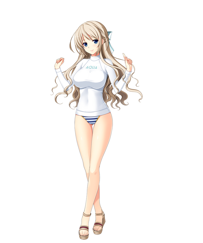 blonde_hair blue_eyes feet full_body hair_ribbon highres hoshi_ori_yume_mirai koizumi_amane long_hair looking_at_viewer non-web_source okihara_misa open_toe_shoes ribbon sandals shoes smile solo swimsuit toes transparent_background wedge_heels