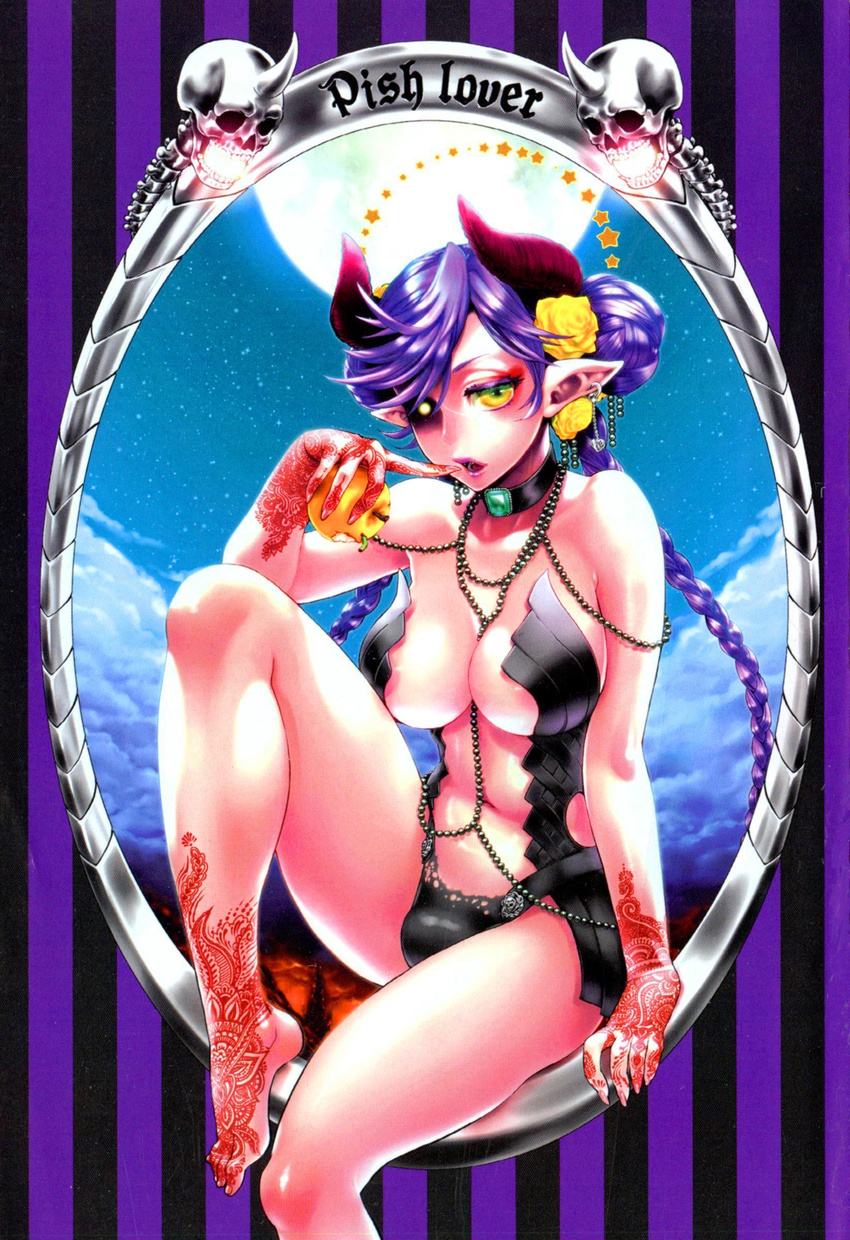 absurdres amatake_akewo blush braid breasts choker collar demon demon_girl earrings finger_to_mouth flower hair_flower hair_ornament highres horns jewelry large_breasts lips long_hair looking_at_viewer moon nail_polish necklace original pearl_necklace pointy_ears purple_hair solo tattoo twin_braids yellow_eyes