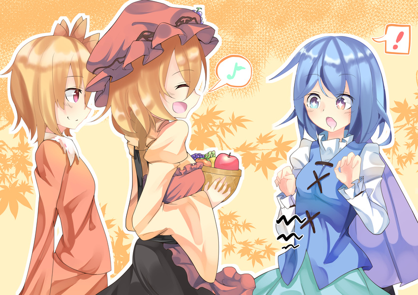 +_+ 3girls absurdres aki_minoriko aki_shizuha aranagi_(arng_4401) blue_eyes blue_hair closed_eyes dress drooling eighth_note food fruit grapes hair_ornament hat heterochromia highres hungry juliet_sleeves leaf leaf_background leaf_hair_ornament leaf_on_head long_sleeves maple_leaf multiple_girls musical_note open_mouth persimmon puffy_sleeves red_eyes siblings sisters skirt smile speech_bubble spoken_musical_note stomach_growling tatara_kogasa touhou umbrella vest