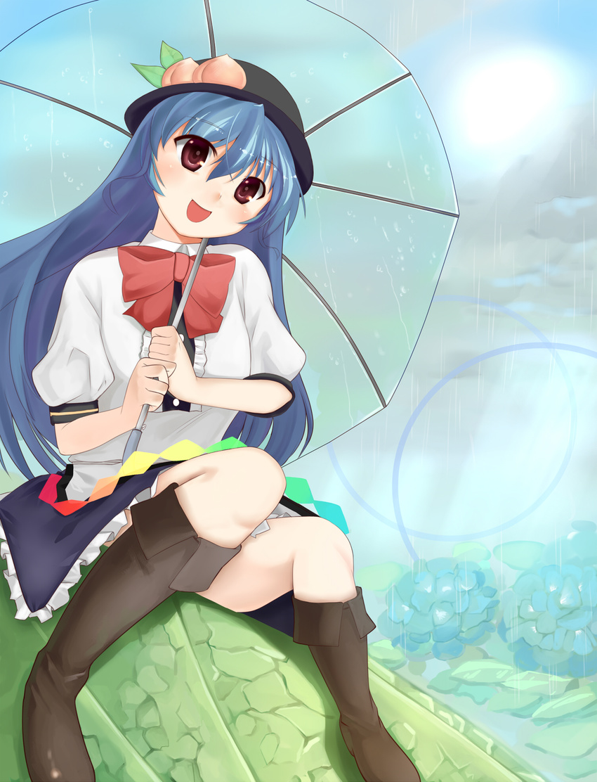 :d blue_hair boots flower food fruit hat highres hinanawi_tenshi hydrangea long_hair nurupo_(abooon) open_mouth peach rain red_eyes smile solo touhou umbrella