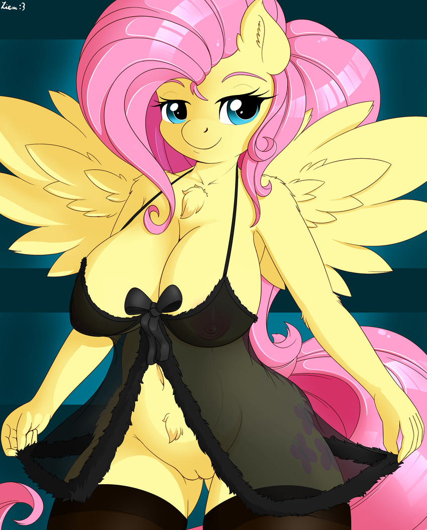 2016 absurd_res anthro anthrofied areola breasts chest_tuft clothed clothing cutie_mark equine eyelashes feathered_wings feathers female fluttershy_(mlp) friendship_is_magic fur hair hi_res legwear long_hair looking_at_viewer mammal my_little_pony navel nipples pegasus pink_hair pussy smile solo spread_wings translucent transparent_clothing tuft wings yellow_fur ziemniax