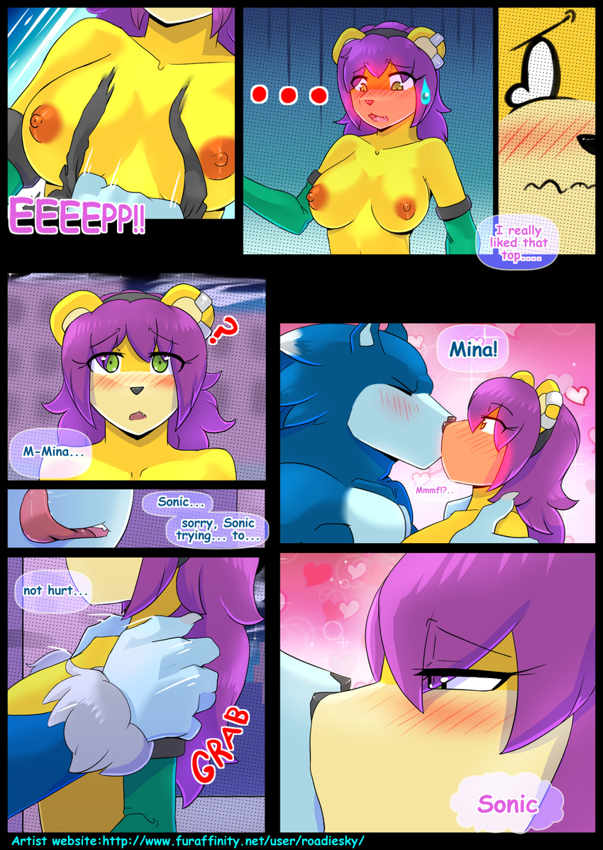 &lt;3 ... ? anthro blush breasts clothed clothing comic duo female fur hair kissing male male/female mammal mina_the_mongoose mongoose nipples purple_hair roadiesky sonic_(series) sonic_the_werehog tongue topless were werehog