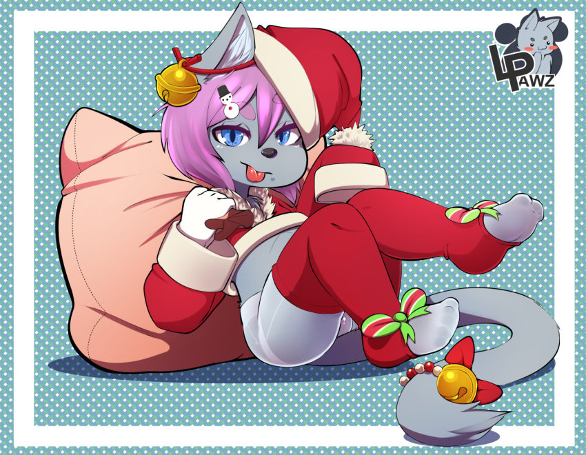 armwear blue_eyes blue_fur cat child christmas clothing cub feline female fur hat holidays legwear looking_at_viewer lpawz mammal pillow santa_hat simple_background solo stockings tongue tongue_out young