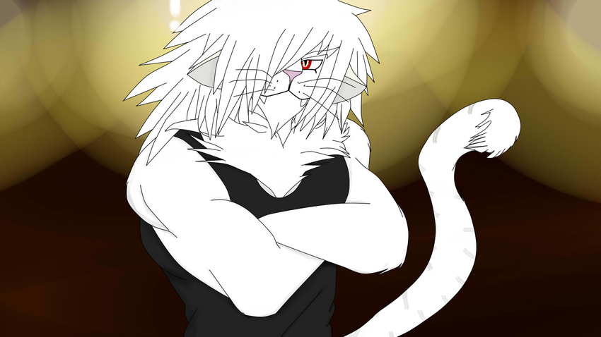 2016 albino anthro clothed clothing feline feverp!tch fur hair hybrid liger lion looking_at_viewer male mammal muscular red_eyes simple_background solo teeth tiger