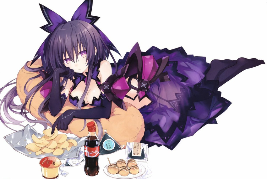 1girl breasts cleavage coke_bottle date_a_live dress elbow_gloves food gloves looking_at_viewer lying on_stomach pillow potato_chips purple_eyes purple_hair see-through simple_background solo tsunako white_background yatogami_tooka