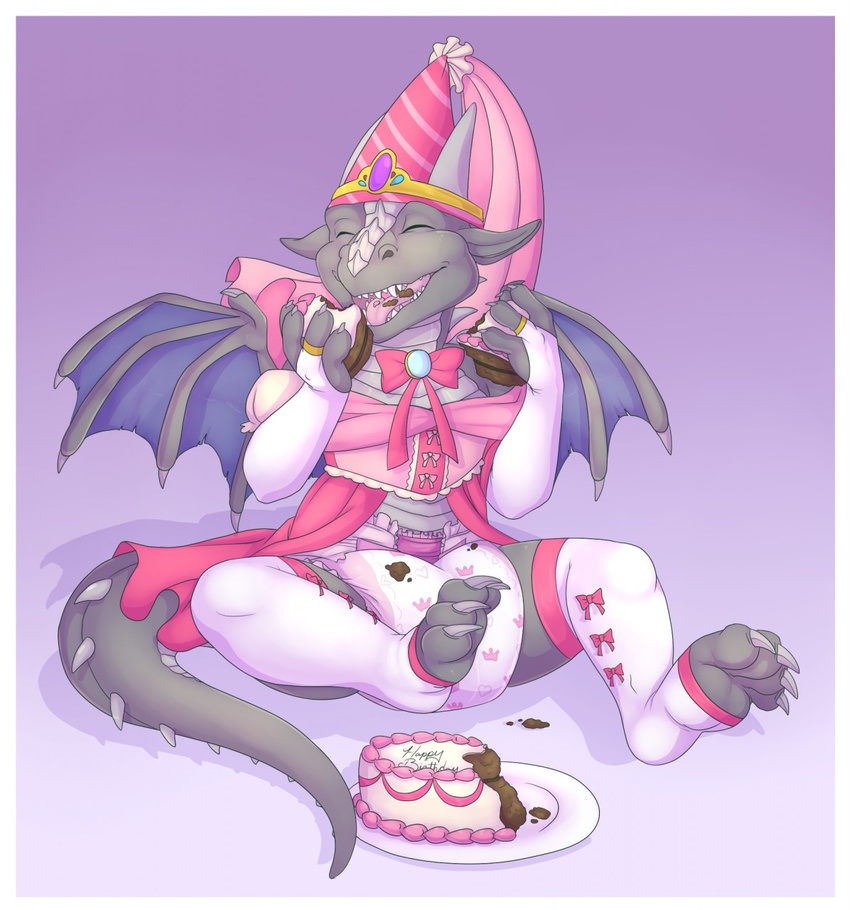 anthro black_skin bow cake carnival-tricks claws clothing cub diaper dragon dress eating eyes_closed food gem girly hat hindy-poo horn legwear male open_mouth ribbons ring simple_background sitting solo stockings tongue wings young