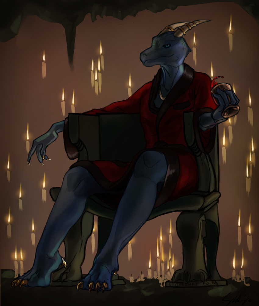 alcohol beverage blue_scales candle cave chair claws clothed clothing colored_nails dragon fisheverlasting goblet gold_(metal) horn_ring inside jewelry looking_at_viewer male necklace robe scales solo twitch_(twitch) wine