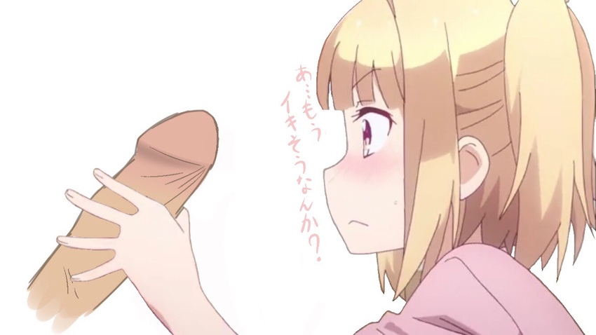 1boy 1girl blonde_hair blush handjob iijima_yun new_game! penis red_eyes translation_request