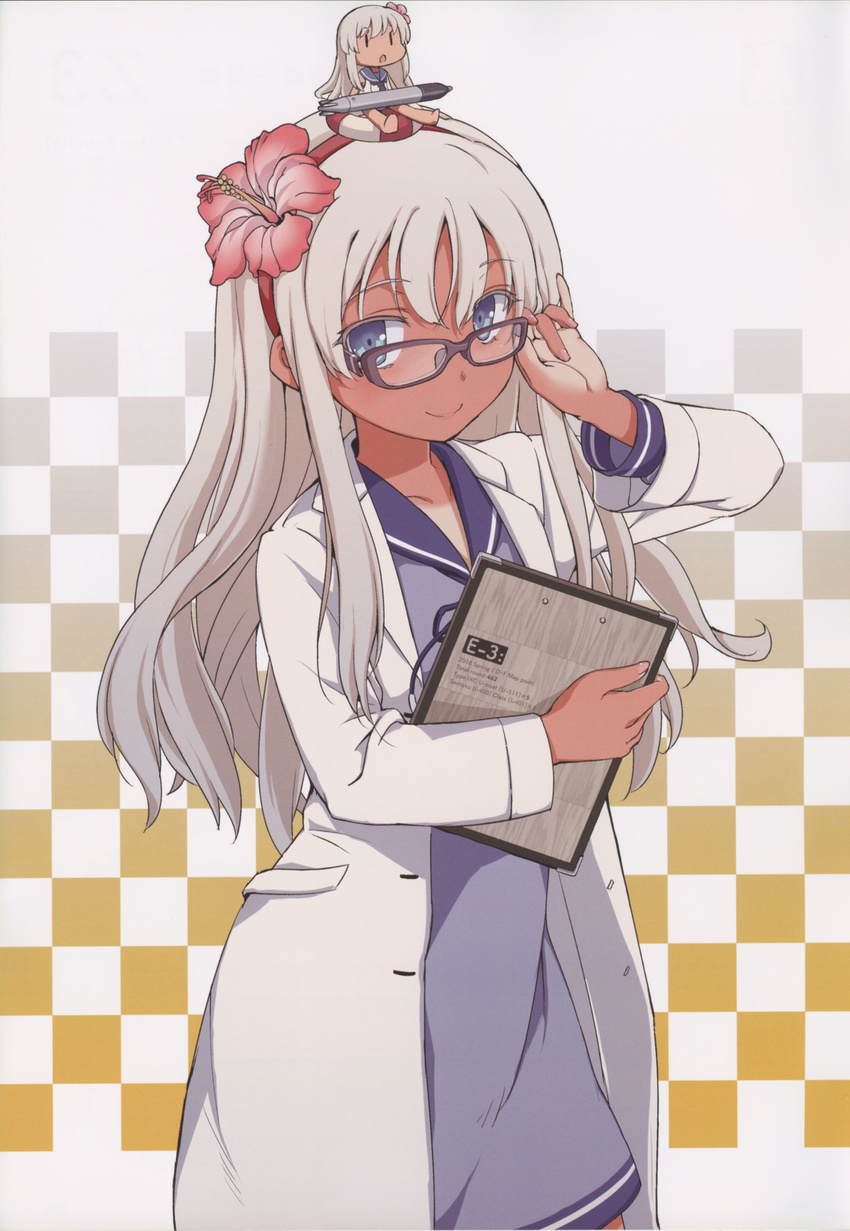 absurdres adjusting_eyewear aka_ringo black-framed_eyewear blue_eyes checkered checkered_background chibi chibi_on_head clipboard cosplay costume_switch dress flower glasses hair_flower hair_ornament hibiscus highres kantai_collection labcoat lifebuoy looking_over_eyewear multiple_girls on_head person_on_head prototype_fat_type_95_oxygen_torpedo_kai ro-500_(kantai_collection) scan tan torpedo