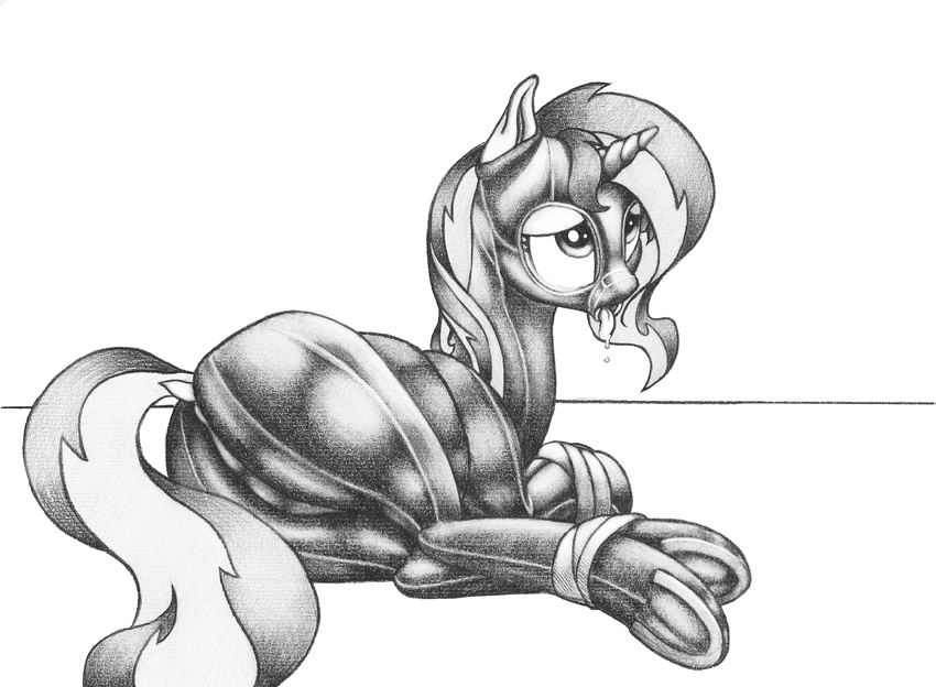 2016 black_and_white bound clothed clothing equestria_girls equine female feral fur graboiidz hair horn lying mammal monochrome my_little_pony simple_background skinsuit solo sunset_shimmer_(eg) tight_clothing unicorn white_background
