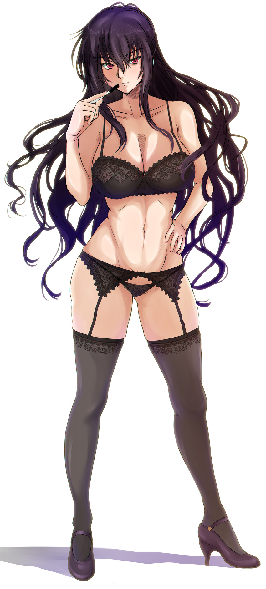 1girl beatrix_bremer black_hair breasts cleavage highheels large_breasts long_hair midriff muvluv navel red_eyes schwarzesmarken