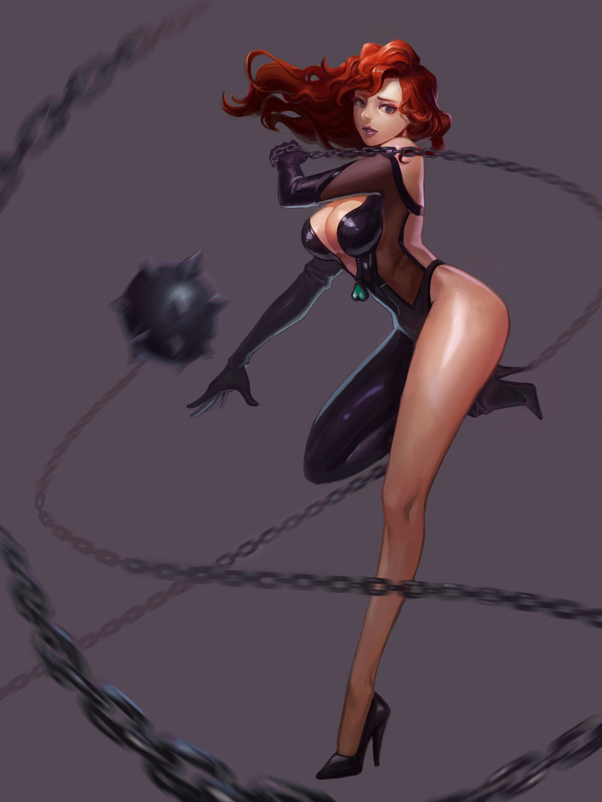 absurdres artist_request ball_and_chain bodysuit breasts brown_hair chain cleavage elbow_gloves flail full_body gloves hades_(herowarz) herowarz high_heels highres jewelry large_breasts legs long_hair looking_at_viewer purple_eyes solo thighs weapon