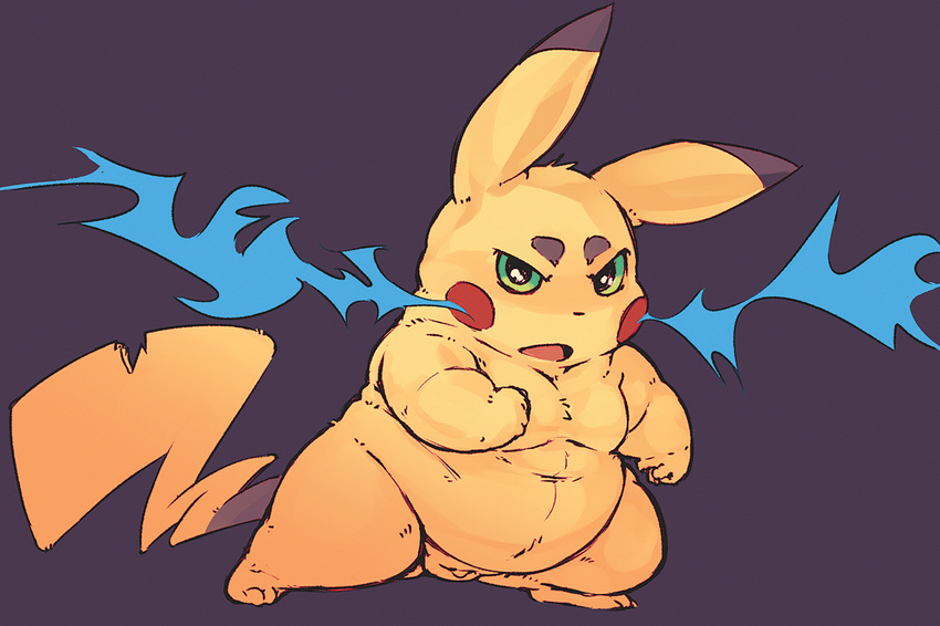 animal_genitalia balls electricity fighting_stance lando looking_at_viewer mammal moobs nintendo nude open_mouth overweight pikachu pok&eacute;mon rodent sheath video_games