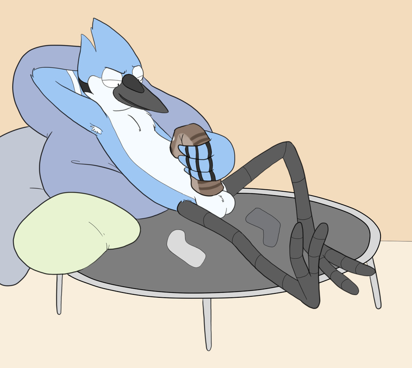 anthro avian balls bird blue_jay blueballs cartoon_network clothing corvid legwear male masturbation mordecai_(regular_show) penile_masturbation regular_show socks solo