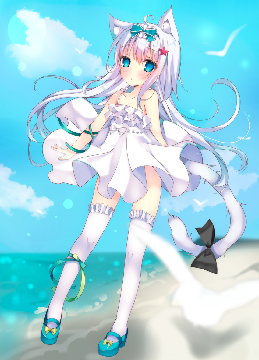 ahoge animal_ears bangs bare_arms bare_shoulders beach bird black_bow blue_bow blue_eyes blue_footwear blue_sky blush bow cat_ears cat_tail cloud collarbone day dress eyebrows eyebrows_visible_through_hair frilled_dress frilled_legwear frills full_body green_bow hair_bow highres long_hair looking_at_viewer mary_janes ocean original outdoors parted_lips satsuki_mayuri seagull shoes sidelocks sky solo standing tail tail_bow thighhighs water white_dress white_hair white_legwear