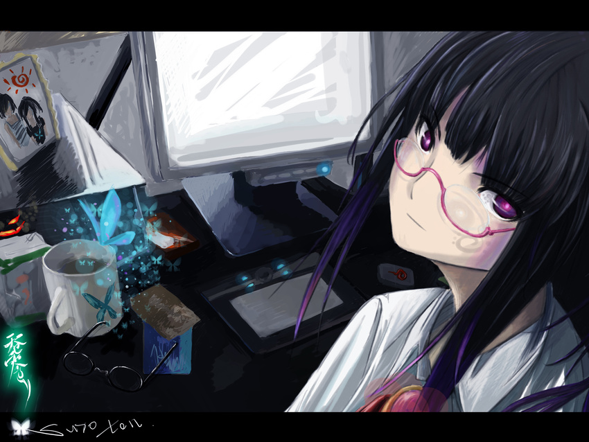 absurdres bad_id bad_pixiv_id bug butterfly coffee computer copyright_request cup drawing_tablet glasses highres insect monitor purple_eyes purple_hair solo surolen