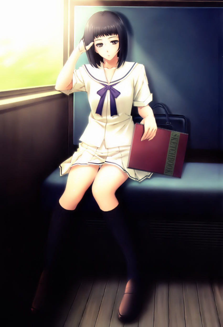 black_eyes black_hair highres innocent_grey kara_no_shoujo kneehighs legs mizuhara_touko school_uniform short_hair sitting sketchbook skirt socks solo sugina_miki