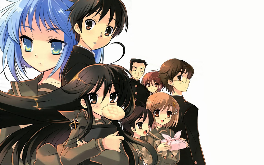 4girls :d ahoge alastor_(shakugan_no_shana) bangs black_eyes black_hair blue_eyes blue_hair blush book bow bowtie bread brown_eyes brown_hair buttons closed_eyes closed_mouth crossed_arms double-breasted expressionless eyebrows_visible_through_hair floating_hair food food_in_mouth from_side gakuran glasses hair_between_eyes hair_bow hair_ornament hands_up happy highres holding holding_book ike_hayato itou_noiji jewelry konoe_fumina light_smile long_hair long_sleeves looking_at_viewer looking_back melon_bread mouth_hold multiple_boys multiple_girls necklace obentou official_art ogata_matake open_mouth parted_lips pendant profile red_hair ribbon sakai_yuuji satou_keisaku school_uniform serafuku shakugan_no_shana shana short_hair sidelocks simple_background smile standing tanaka_eita thick_eyebrows turtleneck upper_body very_long_hair wallpaper white_background white_bow widescreen x_hair_ornament yoshida_kazumi