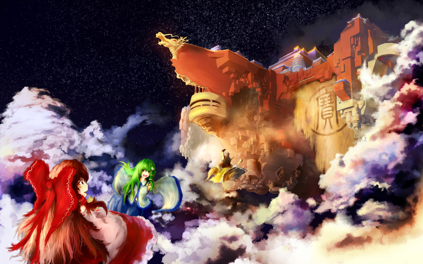 :d black_hat blue_skirt bow broom brown_eyes brown_hair castle cloud detached_sleeves floating_castle flying frog_hair_ornament green_eyes green_hair hair_bow hair_ornament hair_tubes hakurei_reimu hat highres innelysion kirisame_marisa kochiya_sanae long_hair long_sleeves multiple_girls no_nose open_mouth red_bow red_skirt ribbon-trimmed_sleeves ribbon_trim scenery skirt sky smile star_(sky) starry_sky touhou wide_sleeves witch_hat