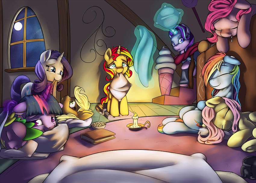 alasou applejack_(mlp) blonde_hair blue_eyes blue_fur candle dragon equestria_girls equine eyelashes eyes_closed female feral friendship_is_magic fur group hair hooves horn inside magic mammal moon multicolored_hair my_little_pony night pegasus pink_fur pink_hair pinkie_pie_(mlp) purple_fur purple_hair rainbow_dash_(mlp) rainbow_hair rarity_(mlp) red_hair sky smile spike_(disambiguation) star starlight_glimmer_(mlp) starry_sky sunset_shimmer_(eg) twilight_sparkle_(mlp) unicorn white_fur window wings yellow_fur