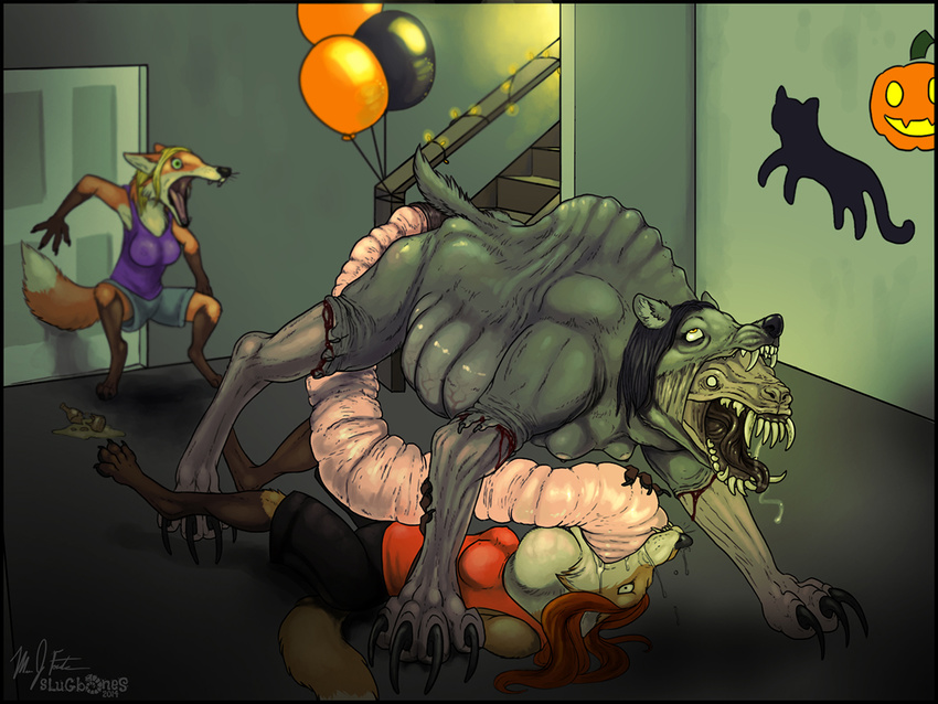 2014 anthro balloon black_hair blonde_hair breasts brutal canine clothing death female fox gore hair horrified inside lying male mammal nightmare_fuel on_back open_mouth short_tail slugbones stairs teeth what