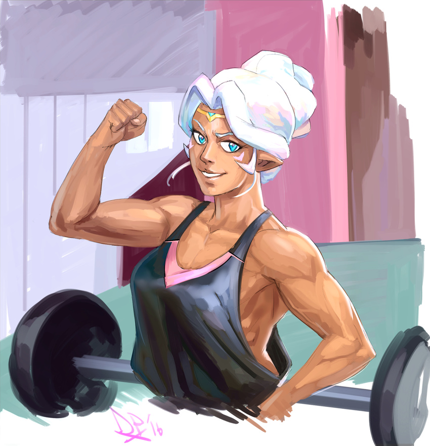 barbell biceps breasts circlet clenched_hand commentary dark_skin diepod facial_mark fist_pump hyakujuu-ou_golion medium_breasts muscle muscular_female pointy_ears princess_allura short_hair sidelocks smile solo tank_top upper_body voltron:_legendary_defender weights white_hair