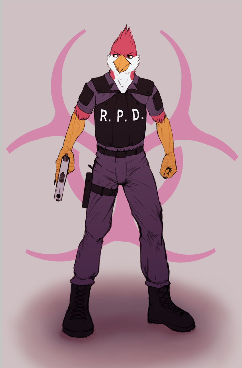 alnix anthro avian avian_(starbound) beak biohazard brown_eyes capcom clothing cosplay feathers gun handgun hi_res maladash male open_mouth outbreak pinup pistol police pose ranged_weapon red_feathers resident_evil rpd simple_background solo starbound talons uniform video_games weapon white_feathers