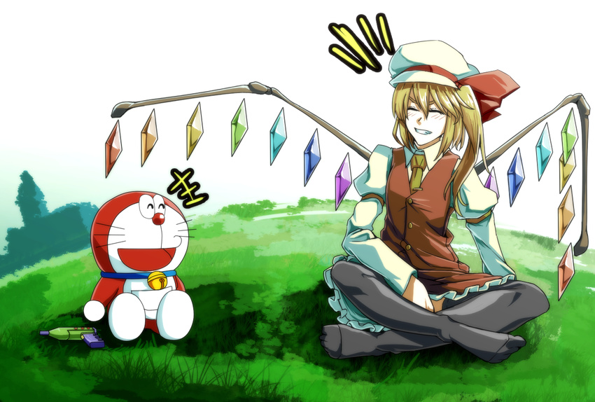 1boy 1girl :d ^_^ adapted_costume arm_garter bell black_legwear blonde_hair closed_eyes commentary_request crossover crystal day doraemon flandre_scarlet frilled_skirt frills full_body grass grin hat indian_style jingle_bell juliet_sleeves laughing long_sleeves manekinekoppoi_inu mini_dora mob_cap necktie open_mouth outdoors pantyhose puffy_sleeves red_ribbon red_skirt red_vest ribbon scarlet_devil_mansion side_ponytail sitting skirt skirt_set smile touhou vest whiskers wings yellow_neckwear
