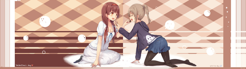 2girls breasts brown_eyes brown_hair chocolate cleavage dualscreen food headband long_hair original pantyhose photoshop skirt socks tsuchikure_(3105mitoko) valentine