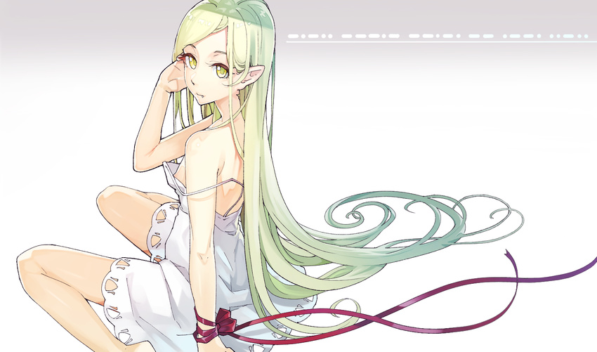 adjusting_hair bad_id bad_pixiv_id bare_shoulders breasts dress green_eyes green_hair kamameshi_gougoumaru kiss-shot_acerola-orion_heart-under-blade kizumonogatari long_hair looking_at_viewer monogatari_(series) nipple_slip nipples pointy_ears ribbon sitting small_breasts solo very_long_hair wariza wrist_ribbon