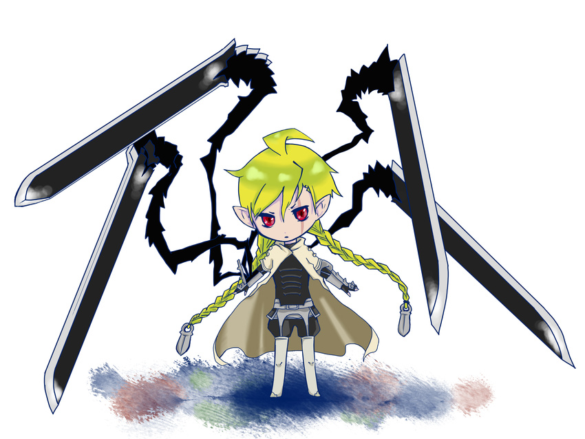 bad_id bad_pixiv_id belt blonde_hair blush buckle chibi full_body head_tilt highres koinzell male_focus red_eyes simple_background solo standing standing_on_liquid ubel_blatt water white_background