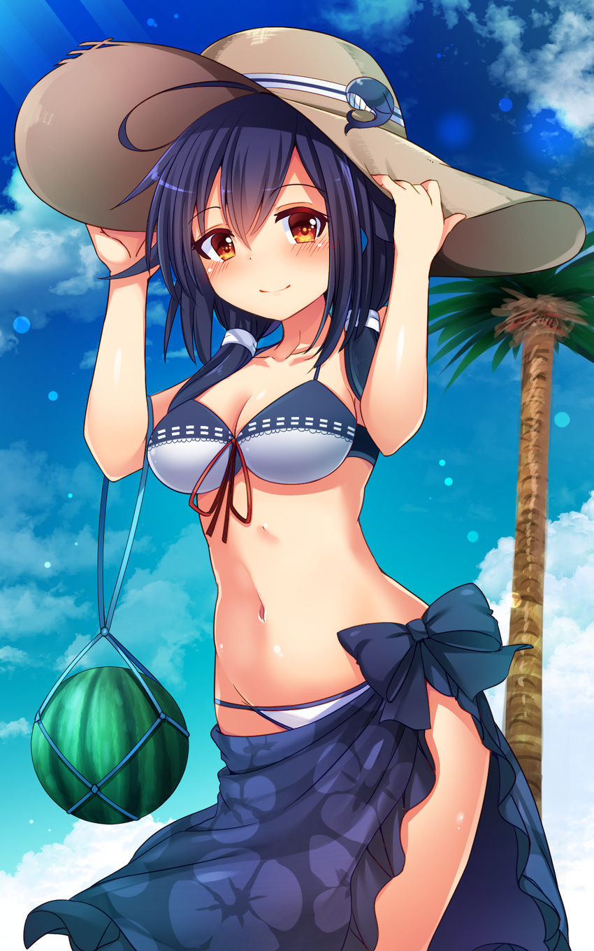 bikini blue_hair brown_eyes food fruit hair_flaps hands_on_headwear hat highres kantai_collection long_hair low_twintails palm_tree sarong snow_(gi66gotyo) solo sun_hat swimsuit taigei_(kantai_collection) tree twintails watermelon