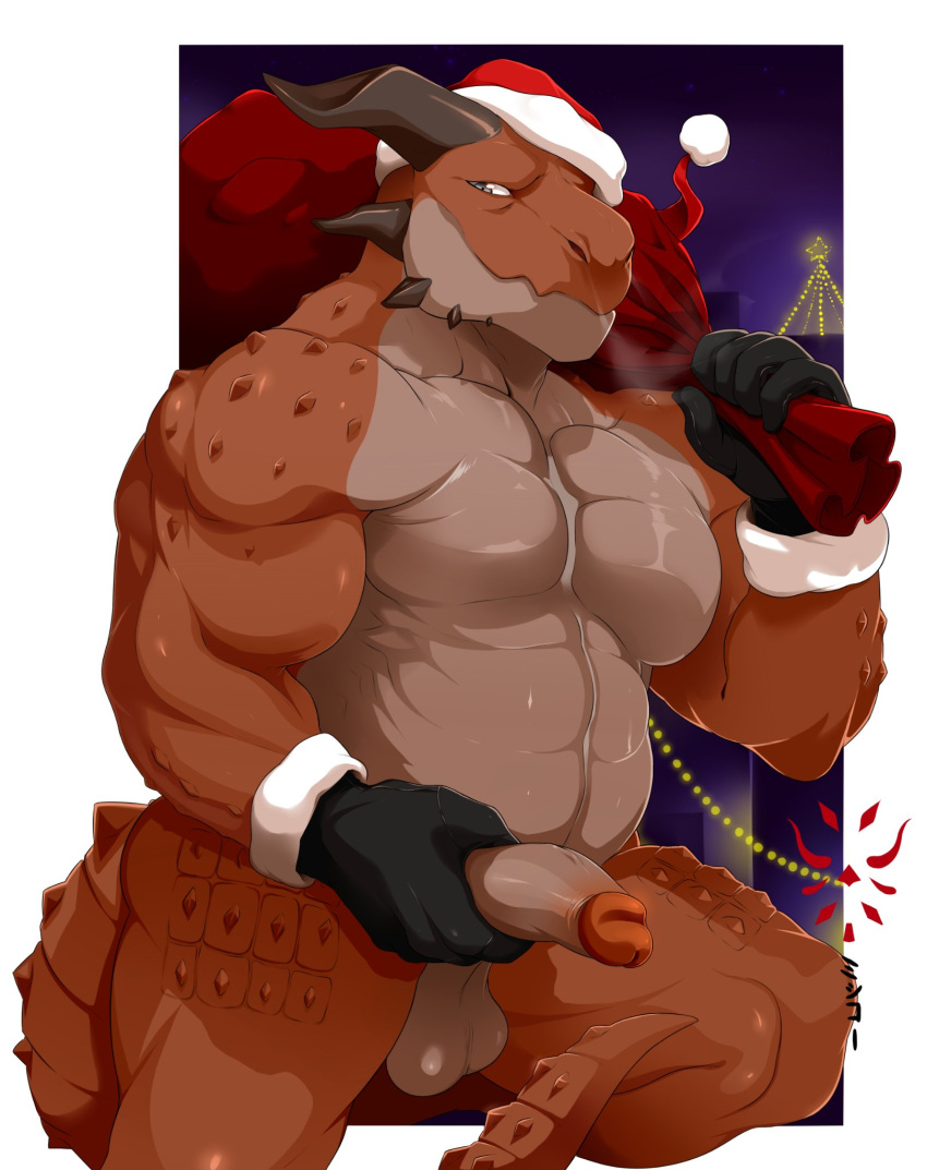 anthro balls christmas clothing dragon gloves half-erect hat holding_penis holidays horn humanoid_penis looking_at_viewer male mishikoosan_(artist) musclegut muscular muscular_male penis santa_hat solo standing